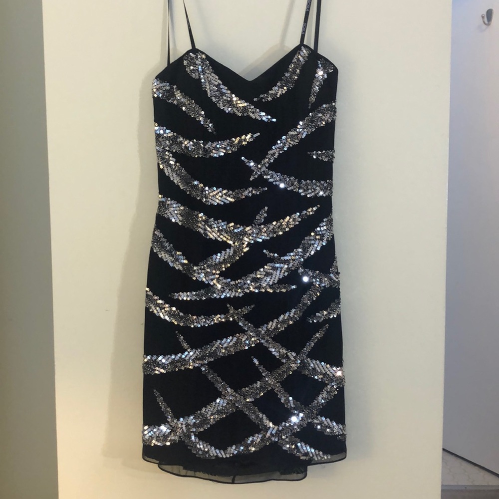 Scala size 8 black silk mini dress silver sequins